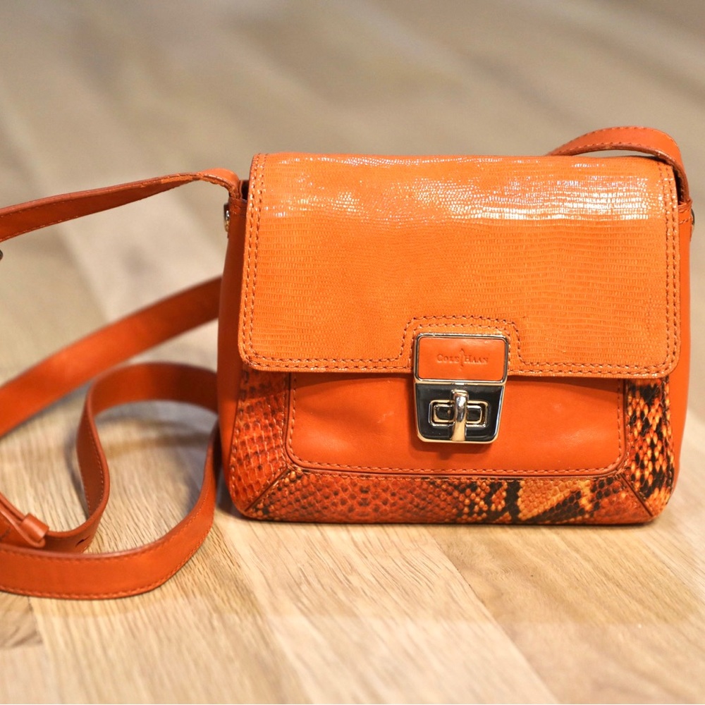 Cole Haan crossbody purse orange with snakeskin pattern